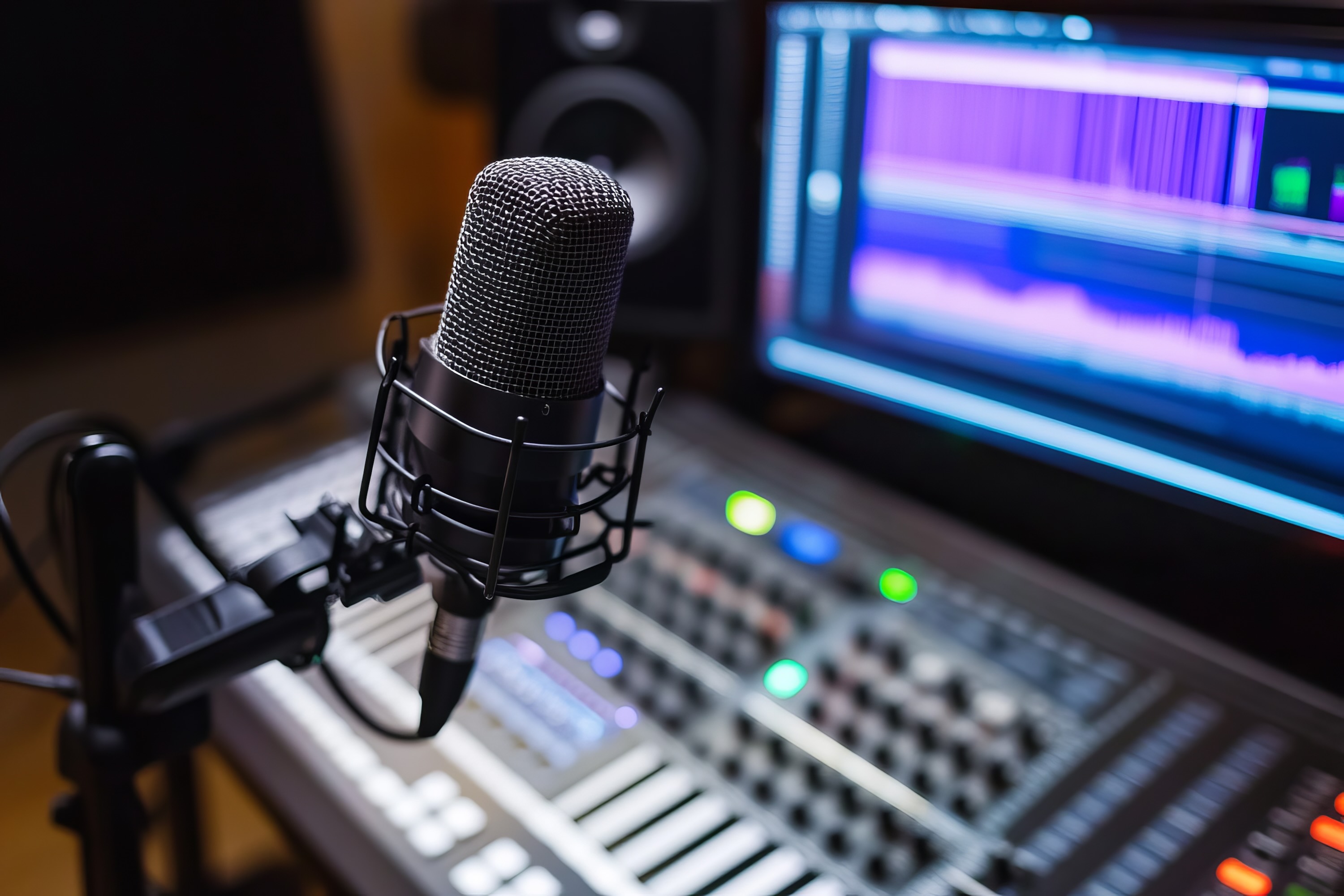 Professionelles Mikrofon im Tonstudio mit Audiomischpult und Bildschirm &ndash; Konzept f&uuml;r Podcasting.