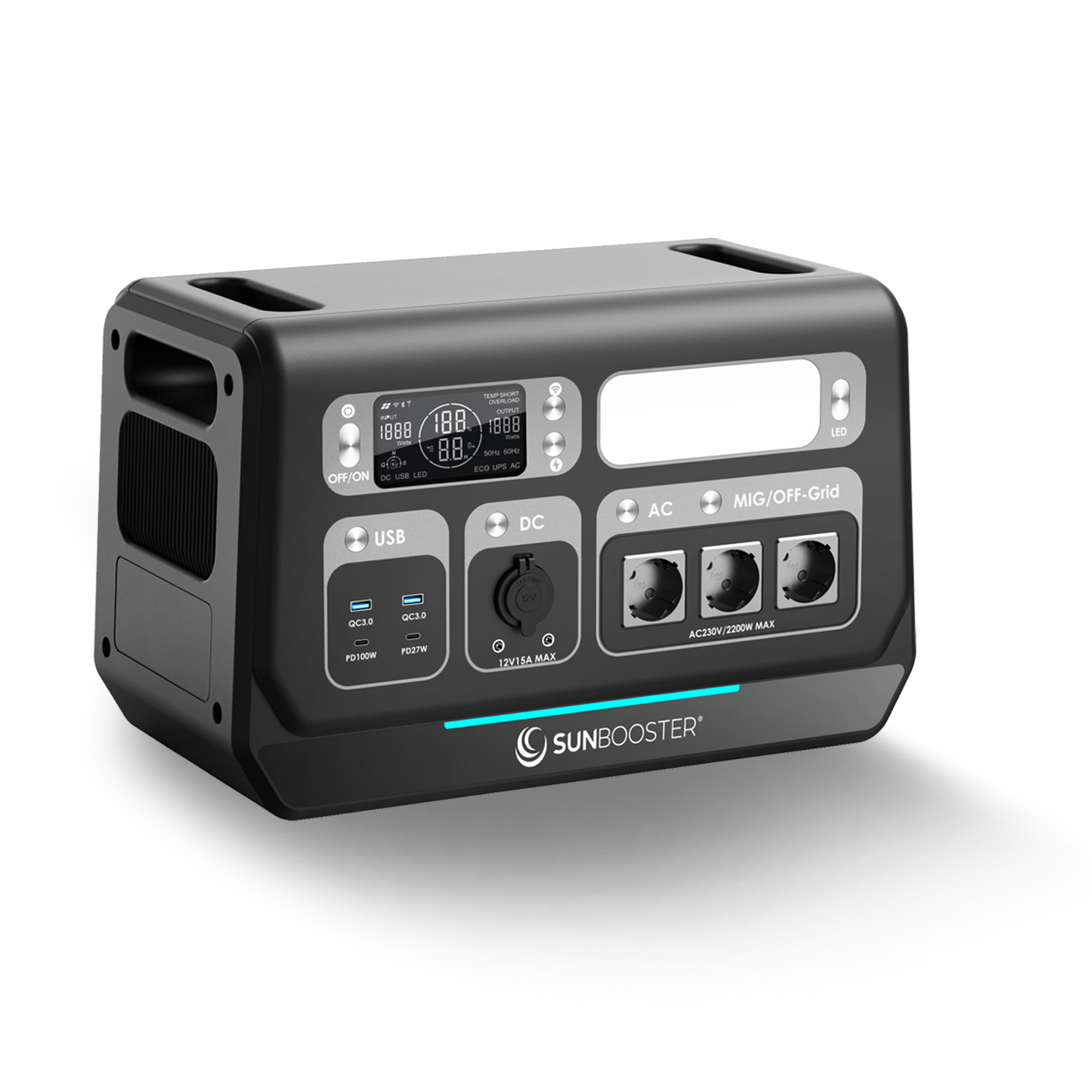 Tragbares Speichermodul f&uuml;r PV-Kleinanlage am Balkon, klein und schwarz, sieht radio&auml;hnlich aus