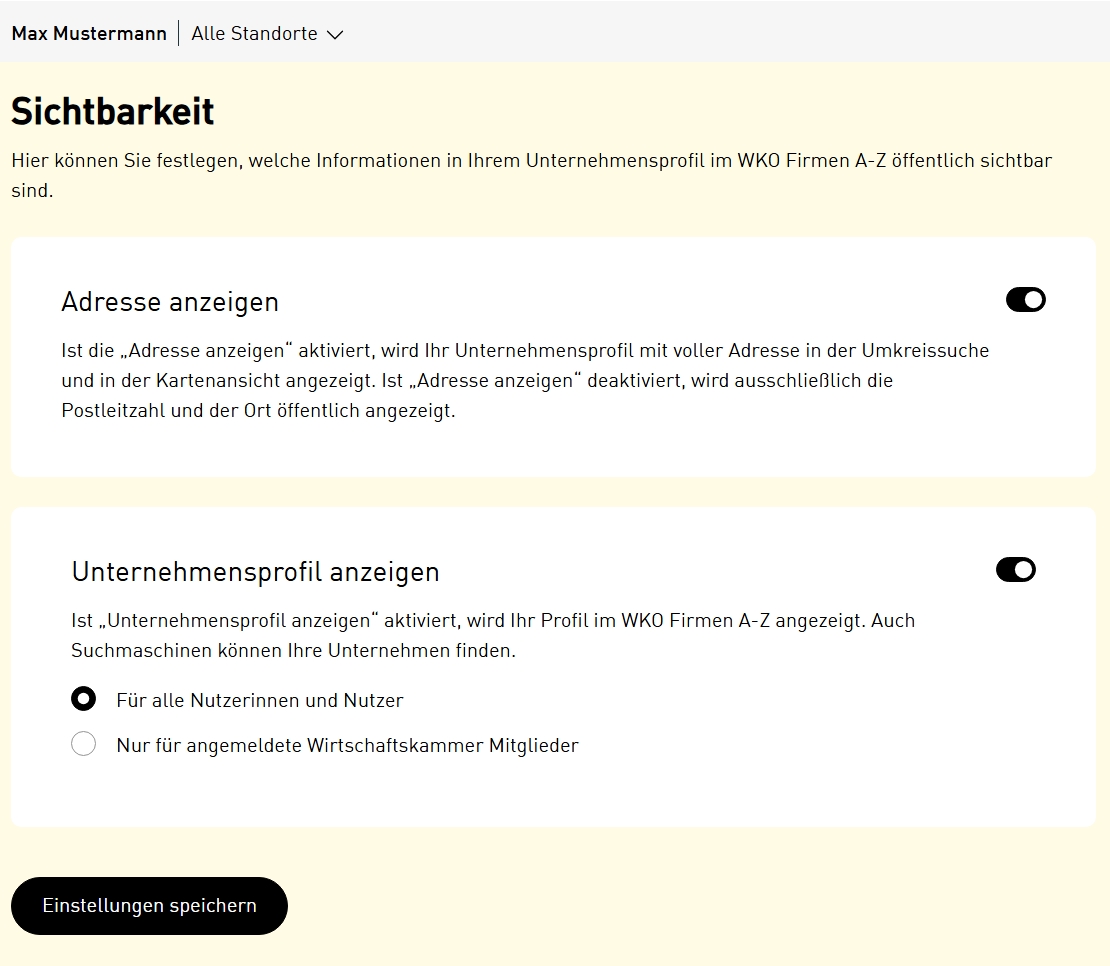 Screenshot der Eingabemaske zur Ein- oder Ausblendung am WKO Firmen A-Z