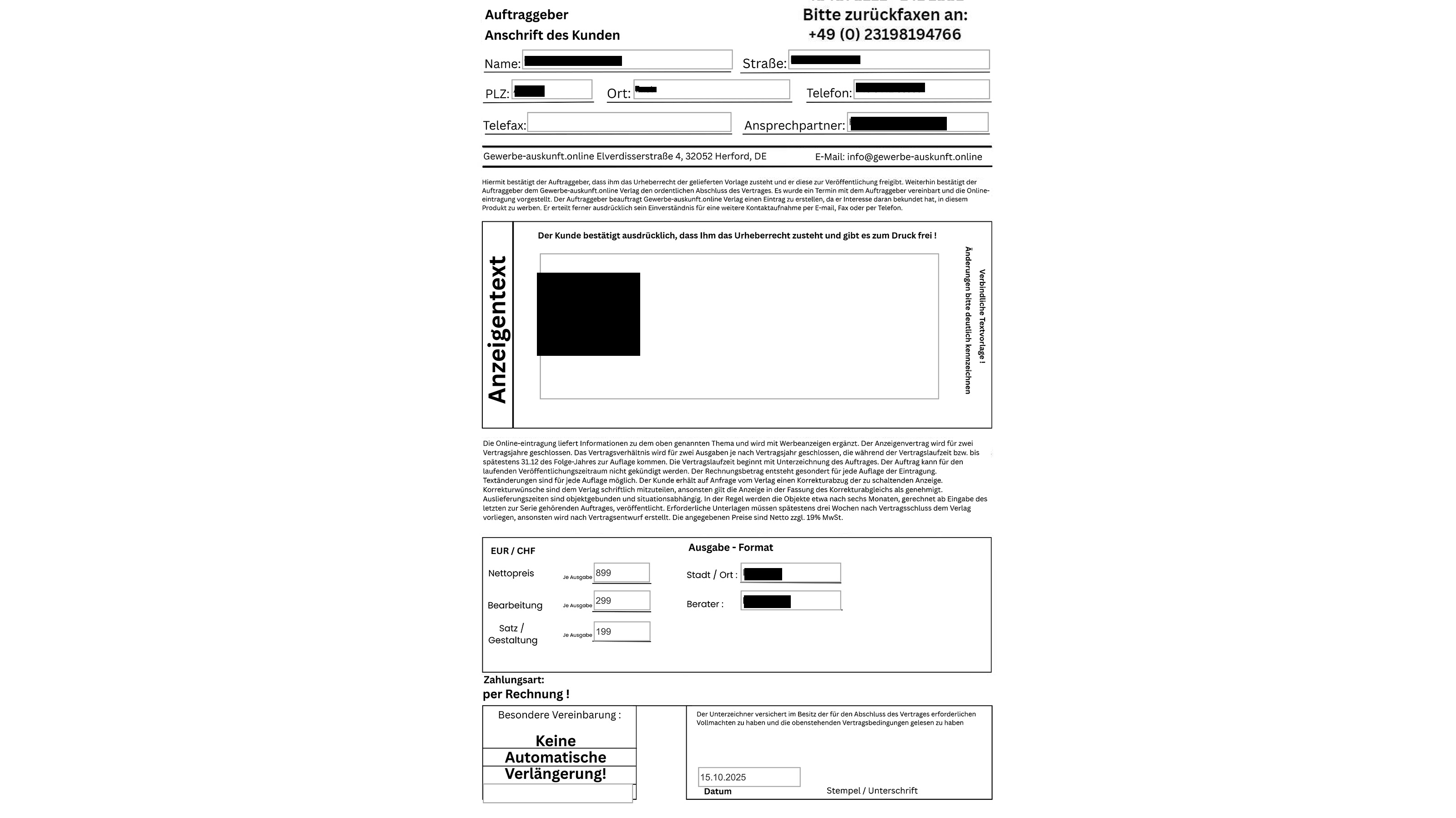 Aufnahme eines betr&uuml;gerischen Fax, mit vorausgef&uuml;llten Unternehmensdaten in Formularform