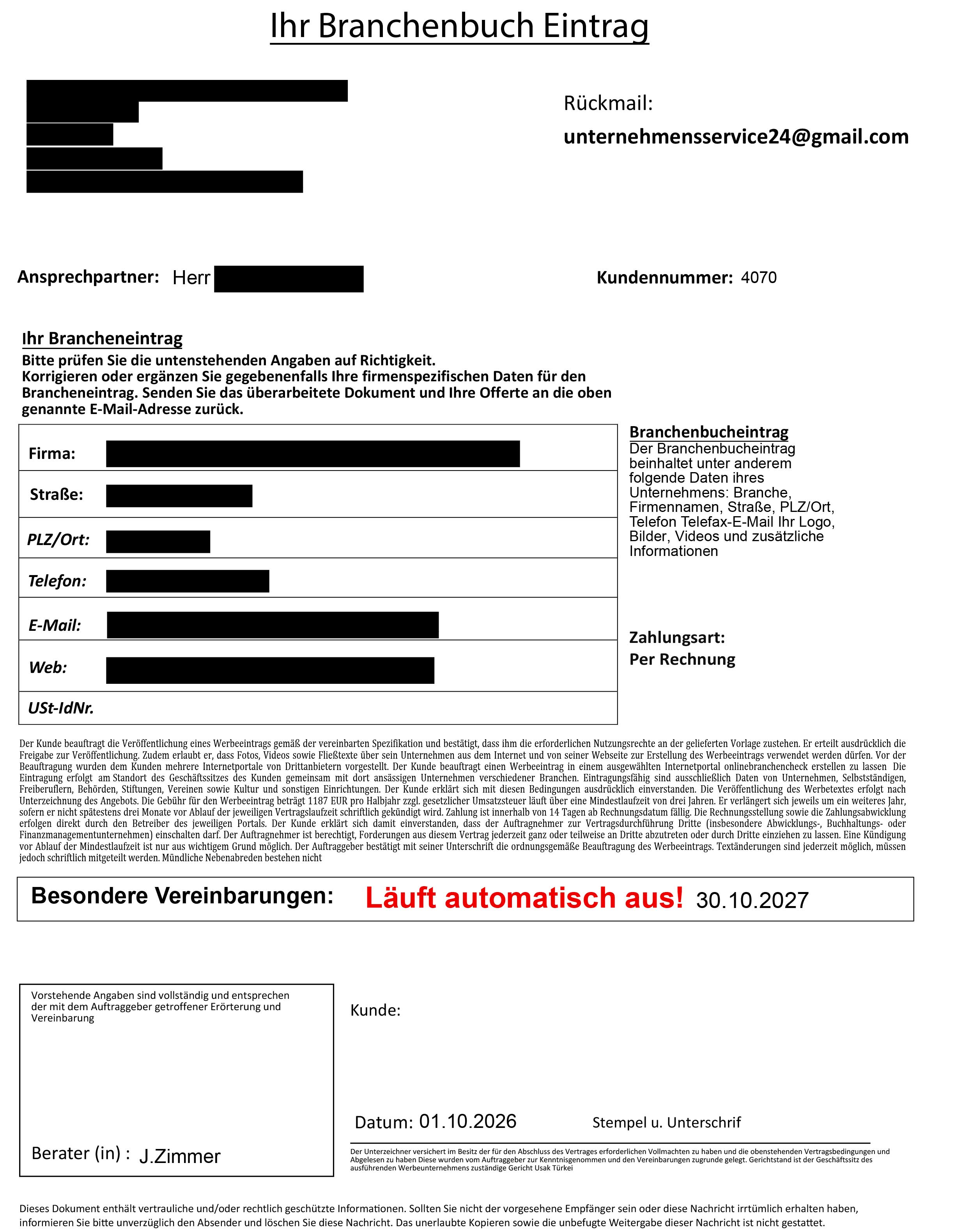 Screenshot eines Betrugs-Schreibens von Unternehmensservice 24
