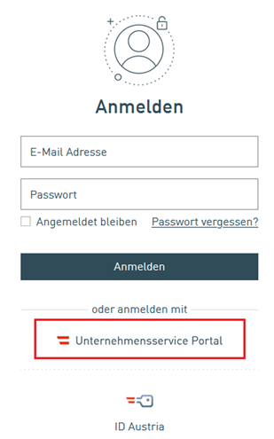 Screenshot Anmeldemaske:  E-Mail und Passwort-Eingabe sowie Anmelde-Buttons f&uuml;r USP und ID Austria darunter