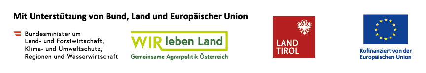Logos des Bundesministeriums Land- und Forstwirtschaft, Klima- und Umweltschutz, Regionen und Wasserwirtschaft, Logo Wir leben Land Gemeinsame Agrarpolitik &Ouml;stereich, Logo Land Tirol, Logo kofinanziert von der Europ&auml;ischen Union