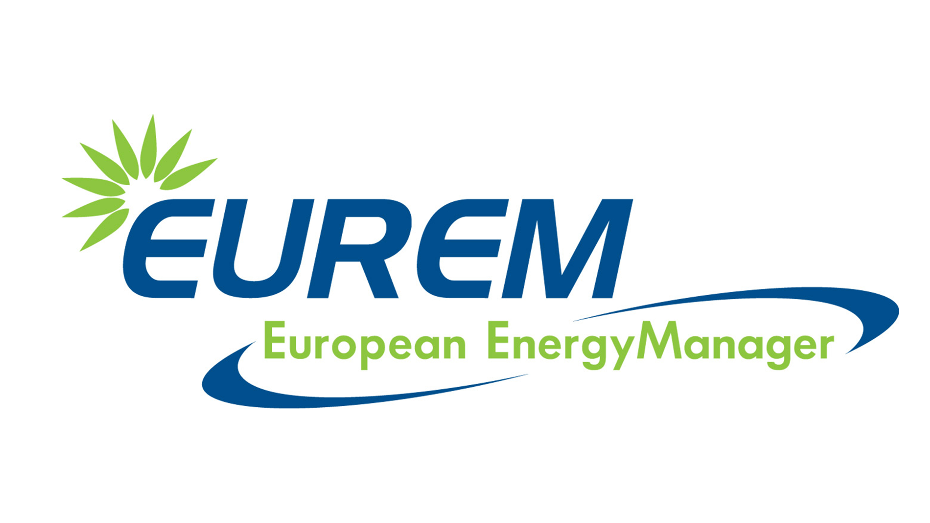Eurem-Logo: Blauer Schriftzug EUREM mit gr&uuml;nen stilisierten Bl&auml;ttern &uuml;ber dem E, darunter gr&uuml;ner Schriftzug European Energy Manager mit blauen geschwungenen Linien auf wei&szlig;em Hintergrund