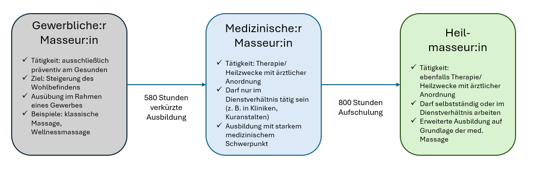 Grafik mit den drei Bereichen Gewerbliche/r Masseur:in, Medzinische/r Masseur:in und Heilmasseur:in