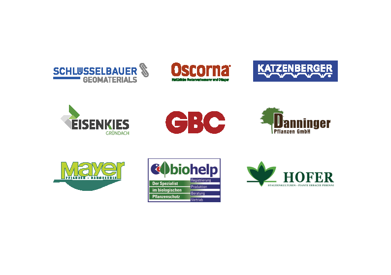 Logo-Übersicht: Schlüsselbauer Geomaterials, Oscorna, Katzenberger, GBC, Danninger Pflanzen, Pflanzen Mayer, Biohelp und Hofer Stauden