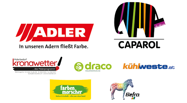 Logos von Adler Lacke, Synthesia Gruppe, Malerbedarf Kronawetter, Draco, k&uuml;hlweste.at, Sefra