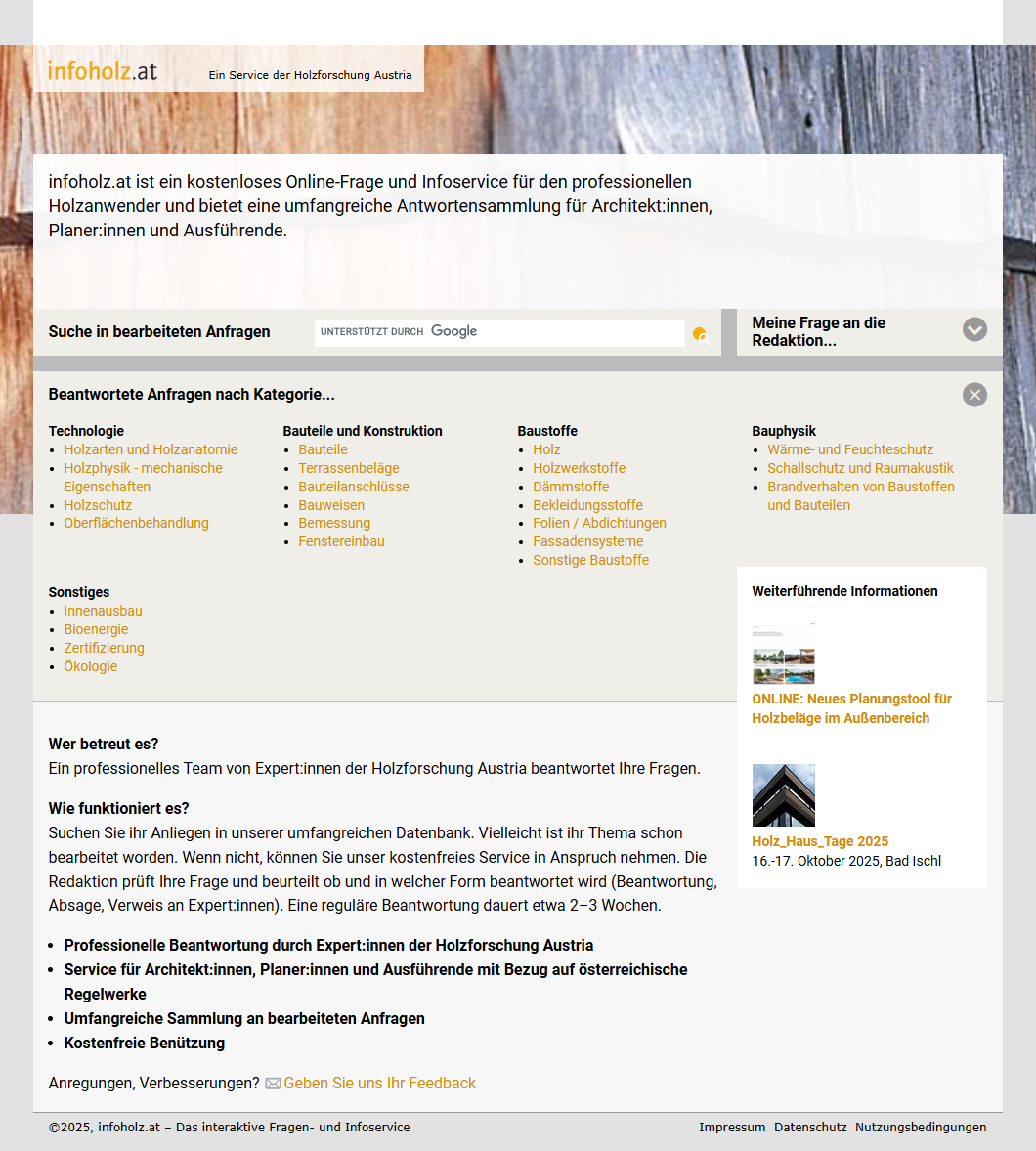 Screenshot von der Webseite infoholz.at