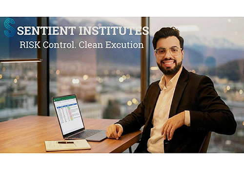 Foto mit einer Person, die am Tisch sitzt und ge&ouml;ffnetem Laptop. Im Hintergrund Blick auf eine Stadt. Schriftzug "Sentient Institutes".