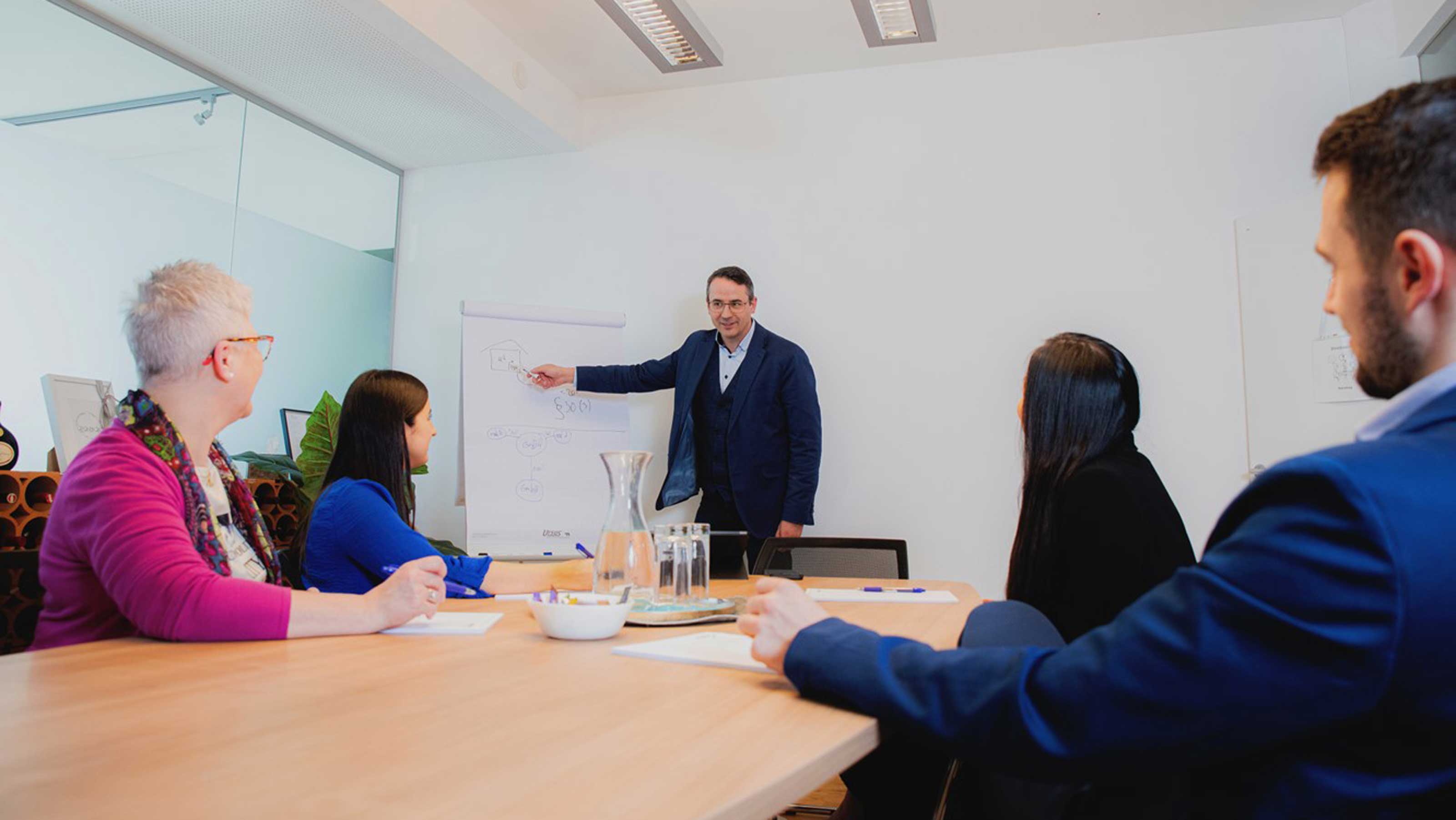 Seminarraum mit mehreren Personen, die um einen gro&szlig;en Tisch sitzen. Vorne steht ein Referent, der gerade spricht und auf eine beschriebene Flipchart-Tafel zeigt.