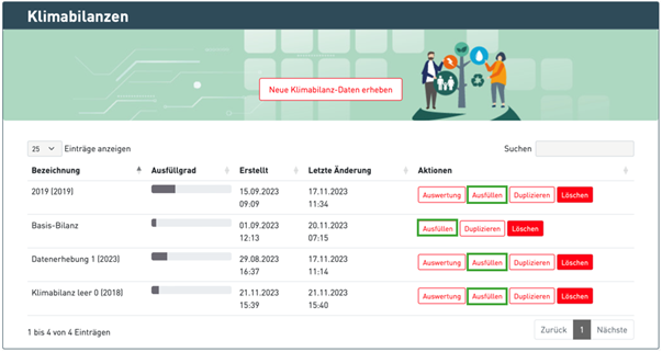 Screenshot des Bereichs Klimabilanzen am Klimaportal mit Illustration zum Thema Nachhaltigkeit: Zwei Personen stehen auf Kugel mit Pfeilen neben Baum mit Symbolen zu Umwelt, auf gr&uuml;nem Hintergrund mit wei&szlig;en Quadraten und Linien