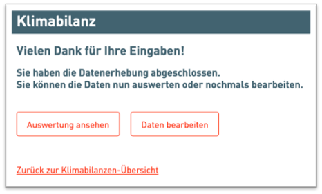 Screenshot zur Erfolgsmeldung Klimabilanz mit Buttons zu Auswertung ansehen und Daten &uuml;berarbeiten