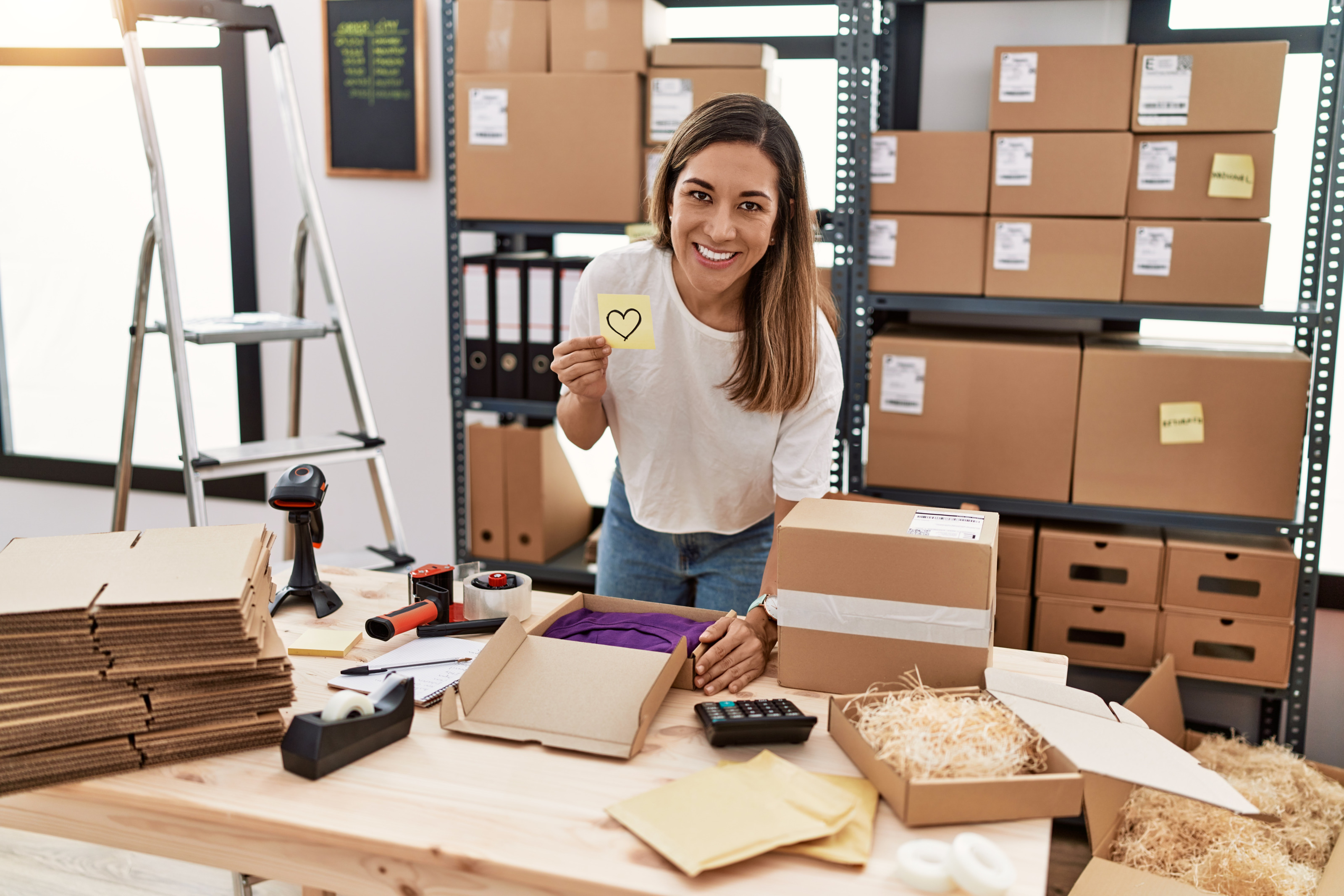 Person verpackt Waren in Kartonagen f&uuml;r den Versand auf einem Tisch, im Hintergrund stehen Regale mit weiteren Kartonagen