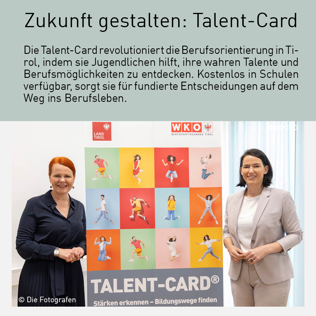 WK Tirol und Land Tirol präsentieren die Talent-Card zur Berufsorientierung, umgeben von farbenfrohen Illustrationen jugendlicher Talente.