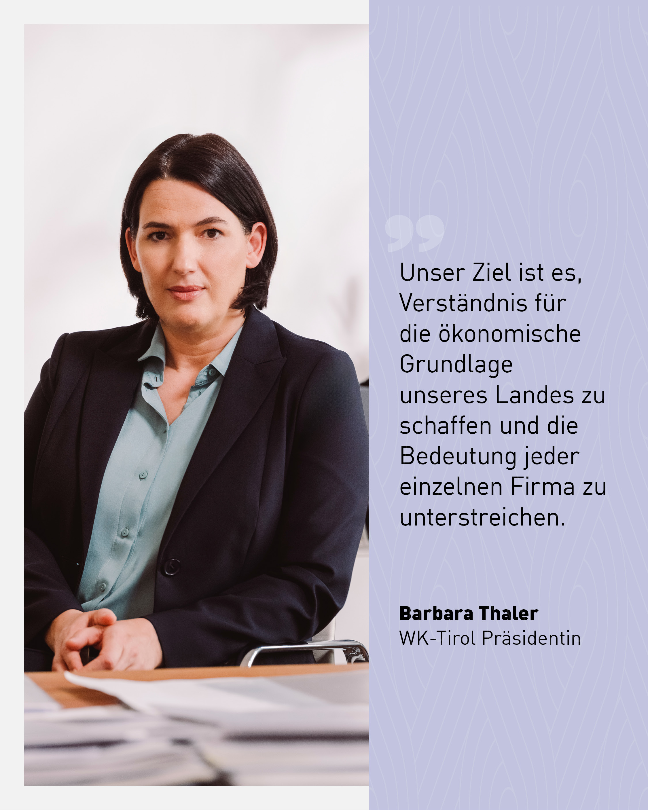 Portr&auml;t von Barbara Thaler, Pr&auml;sidentin der Wirtschaftskammer Tirol, bei einem offiziellen Statement zur Bedeutung der Tiroler Wirtschaft und zur &ouml;konomischen Grundlage des Landes