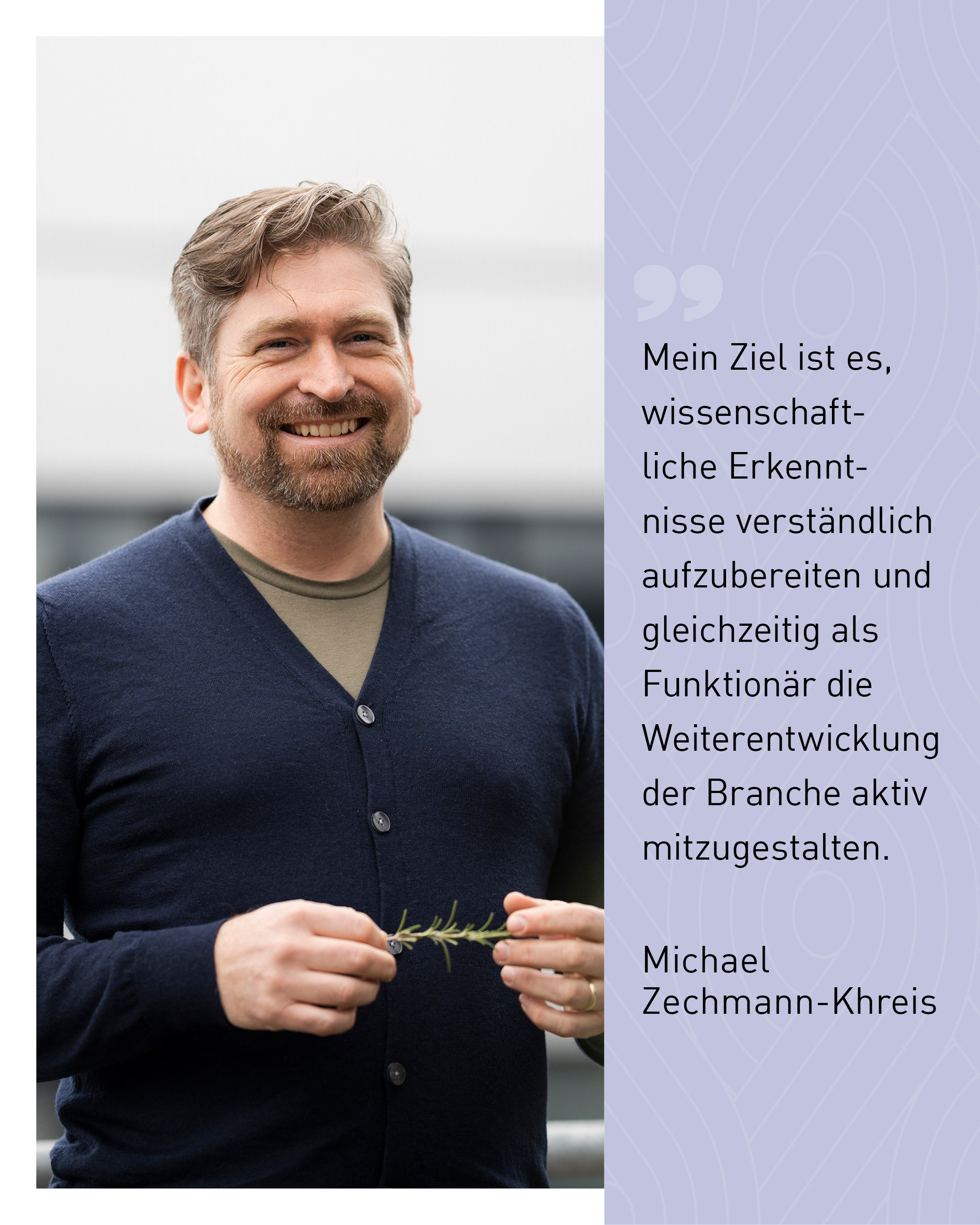 Michael Zechmann-Khreis, Ern&auml;hrungsbiologe, Autor und Funktion&auml;r der Wirtschaftskammer Tirol, mit frischen Kr&auml;utern in der Hand &ndash; Experte f&uuml;r Nahrungsmittelintoleranzen, Ern&auml;hrungsbildung und digitale Gesundheits-Apps wie &bdquo;Frag Ingrid!&ldquo; und &bdquo;Gutora&ldquo;
