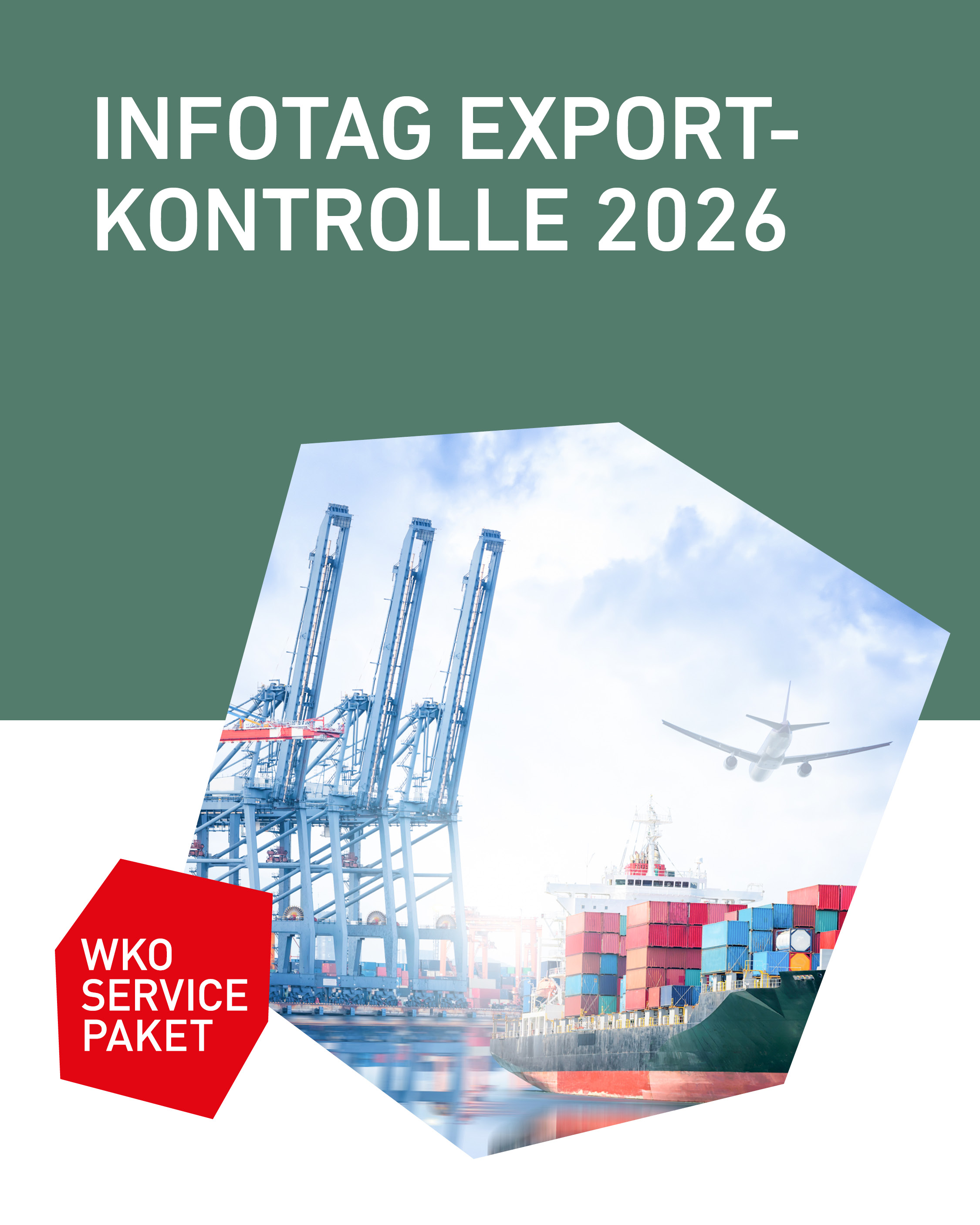 Grafik zum Infotag Exportkontrolle 2026 der Wirtschaftskammer Tirol mit Hafenkränen, Containerschiff und Flugzeug als Motive für Export, Außenwirtschaft und internationale Lieferketten.