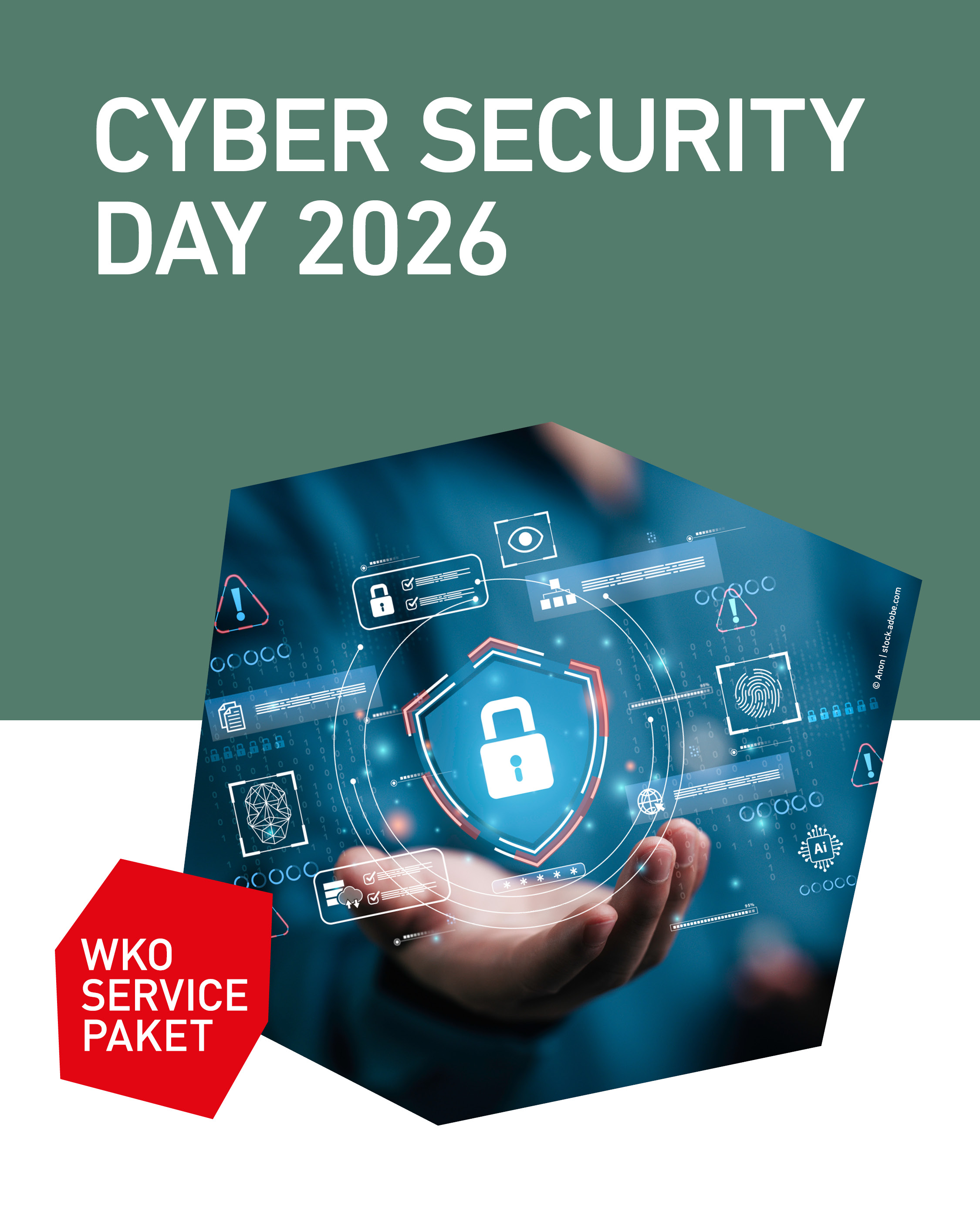 Grafik zum Cyber Security Day 2026 der Wirtschaftskammer Tirol mit digitalem Schloss, Schutzschild und Symbolen f&uuml;r Cybersicherheit, IT-Sicherheit und Datenschutz