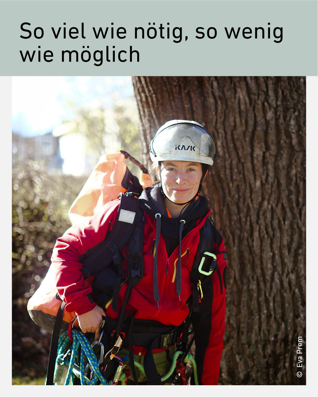Eva Prem, Tirols einzige Baumpflegerin, steht mit Seilkletterausr&uuml;stung und Sicherheitshelm vor einem Baum. Die zertifizierte Arboristin ist spezialisiert auf professionelle Baumpflege, Baumschnitt, Baumkontrolle und Baumerhalt in Tirol. Nachhaltige Baumpflege mit Seilklettertechnik f&uuml;r Privatpersonen, Gemeinden und Unternehmen.