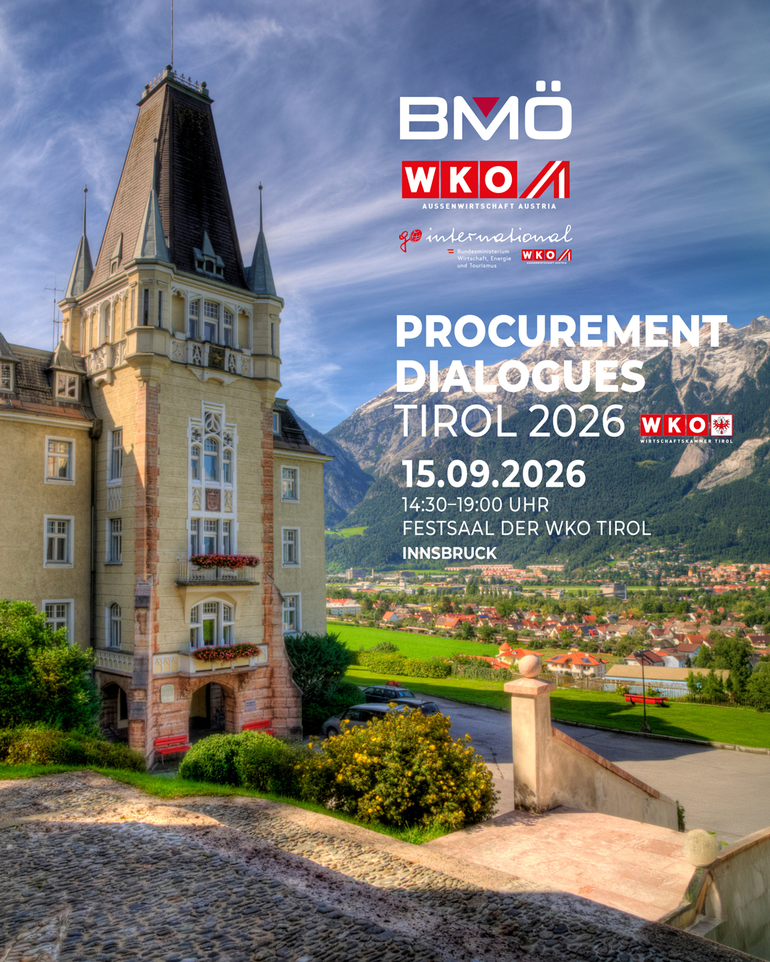 Veranstaltungsgrafik zu den Procurement Dialogues Tirol 2026 der Wirtschaftskammer Tirol in Innsbruck. Im Mittelpunkt stehen strategische Beschaffung, resiliente Lieferketten, internationale M&auml;rkte, Digitalisierung und K&uuml;nstliche Intelligenz im Einkauf.