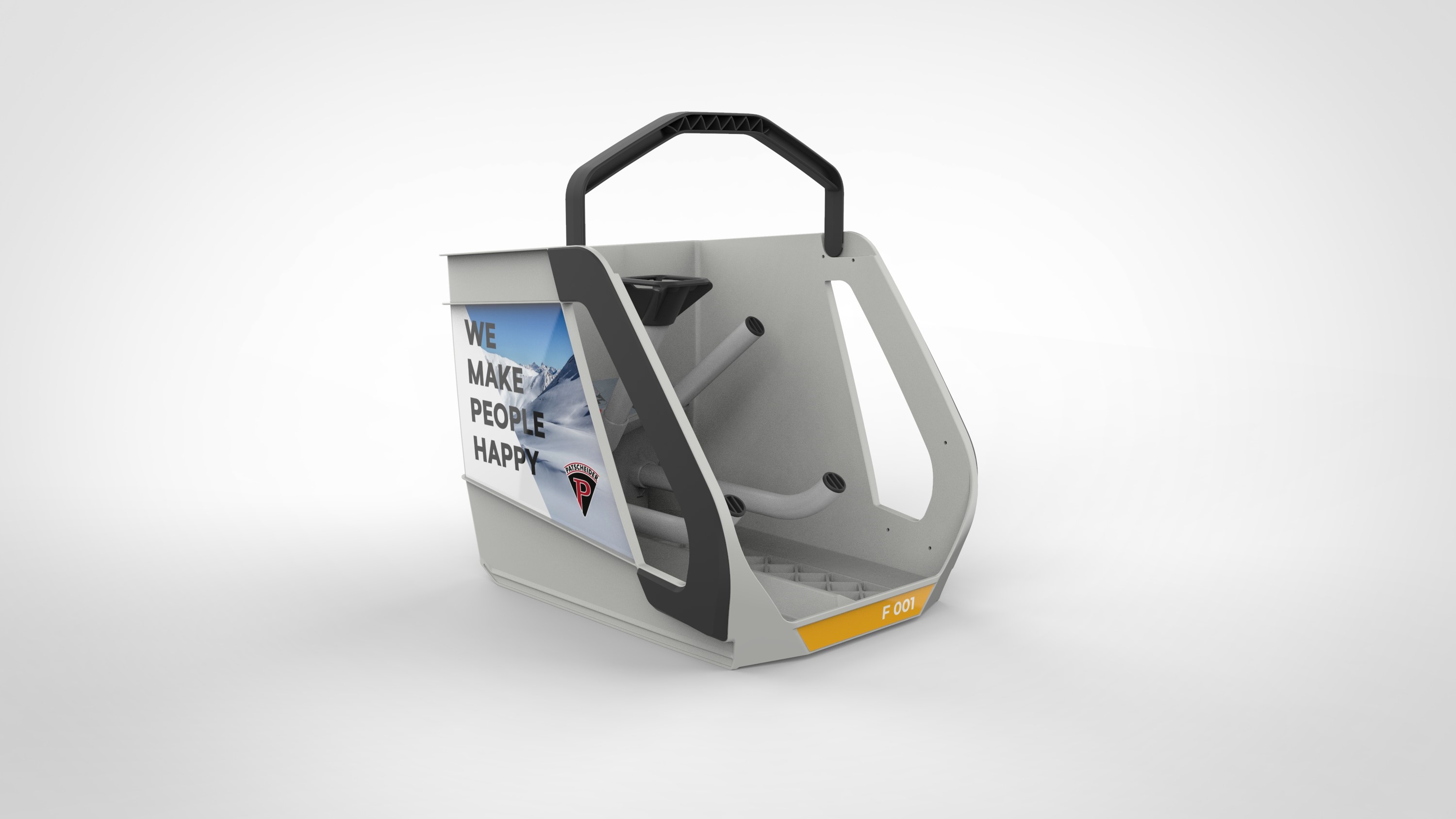 Eine kompakte, graue Aufbewahrungsbox mit Tragegriff ist freigestellt vor hellem Hintergrund dargestellt. An der Seite ist eine Werbefl&auml;che mit Text und Bild angebracht.