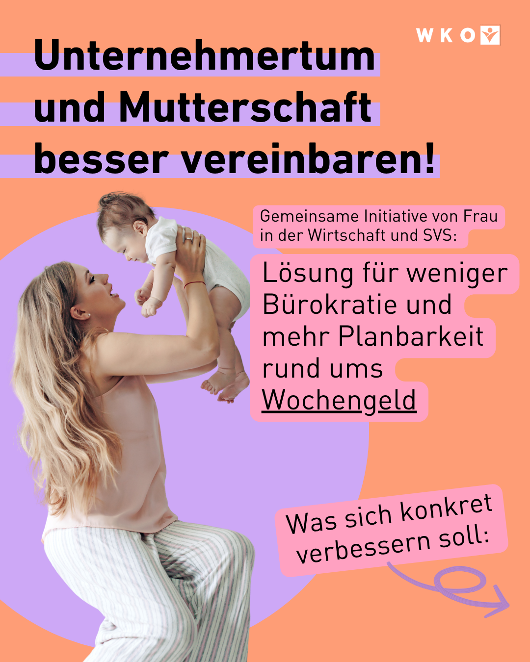 Unternehmertum und Mutterschaft besser vereinbaren: Visual zeigt eine Unternehmerin mit Baby sowie Informationen zu einer Initiative von Frau in der Wirtschaft und SVS f&uuml;r mehr Planbarkeit beim Wochengeld. Fokus auf weniger B&uuml;rokratie, monatliche Auszahlung und bessere Rahmenbedingungen f&uuml;r Unternehmerinnen in Tirol.