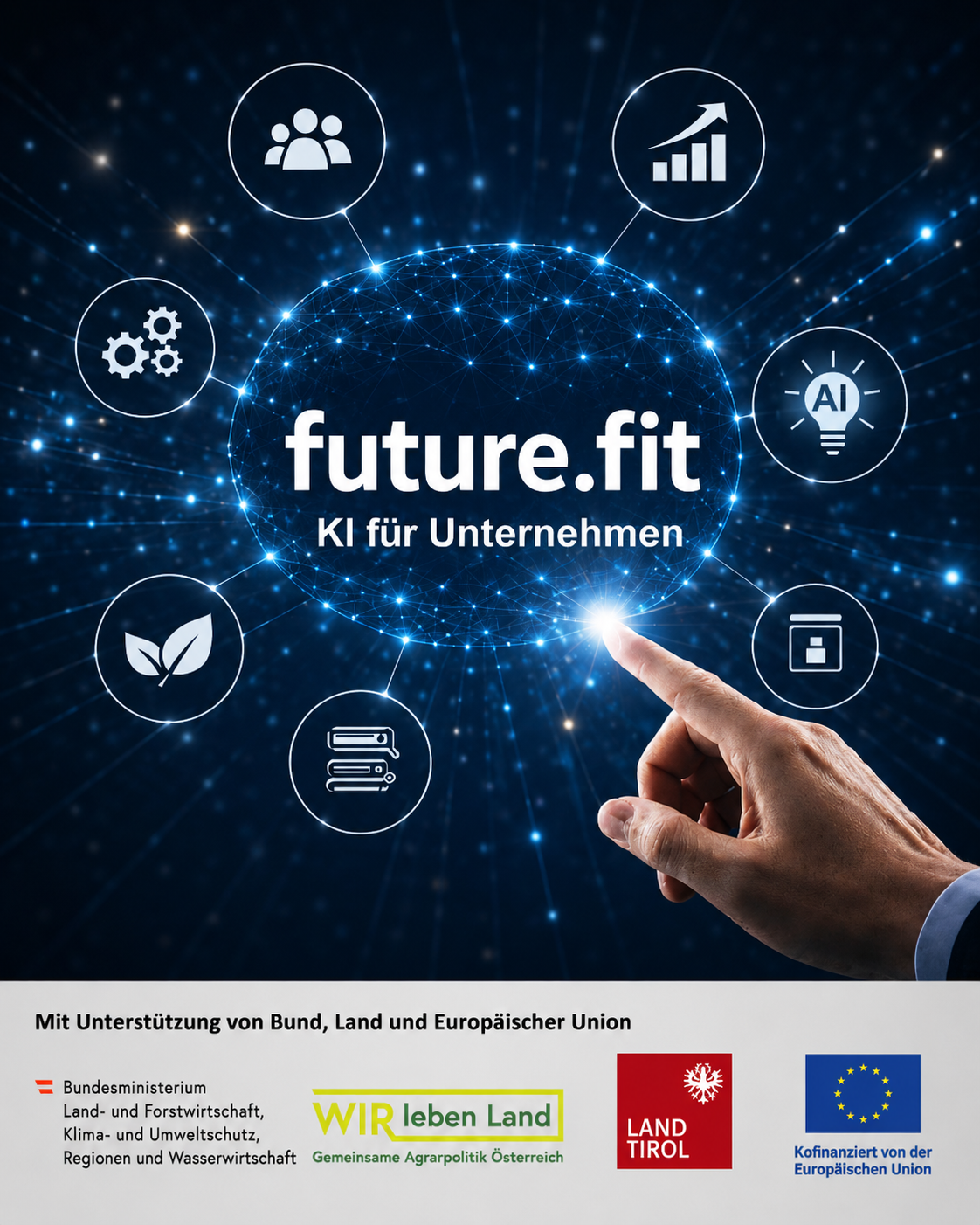 Visualisierung von &bdquo;future.fit &ndash; KI f&uuml;r Unternehmen&ldquo; mit digitalem Netzwerk, KI-Symbolen und Hand-Interface. Das F&ouml;rderprojekt unterst&uuml;tzt Unternehmen in Tirol bei Digitalisierung, K&uuml;nstlicher Intelligenz, Innovation und Zukunftsentwicklung. Logos von Bund, Land Tirol und Europ&auml;ischer Union sichtbar.
