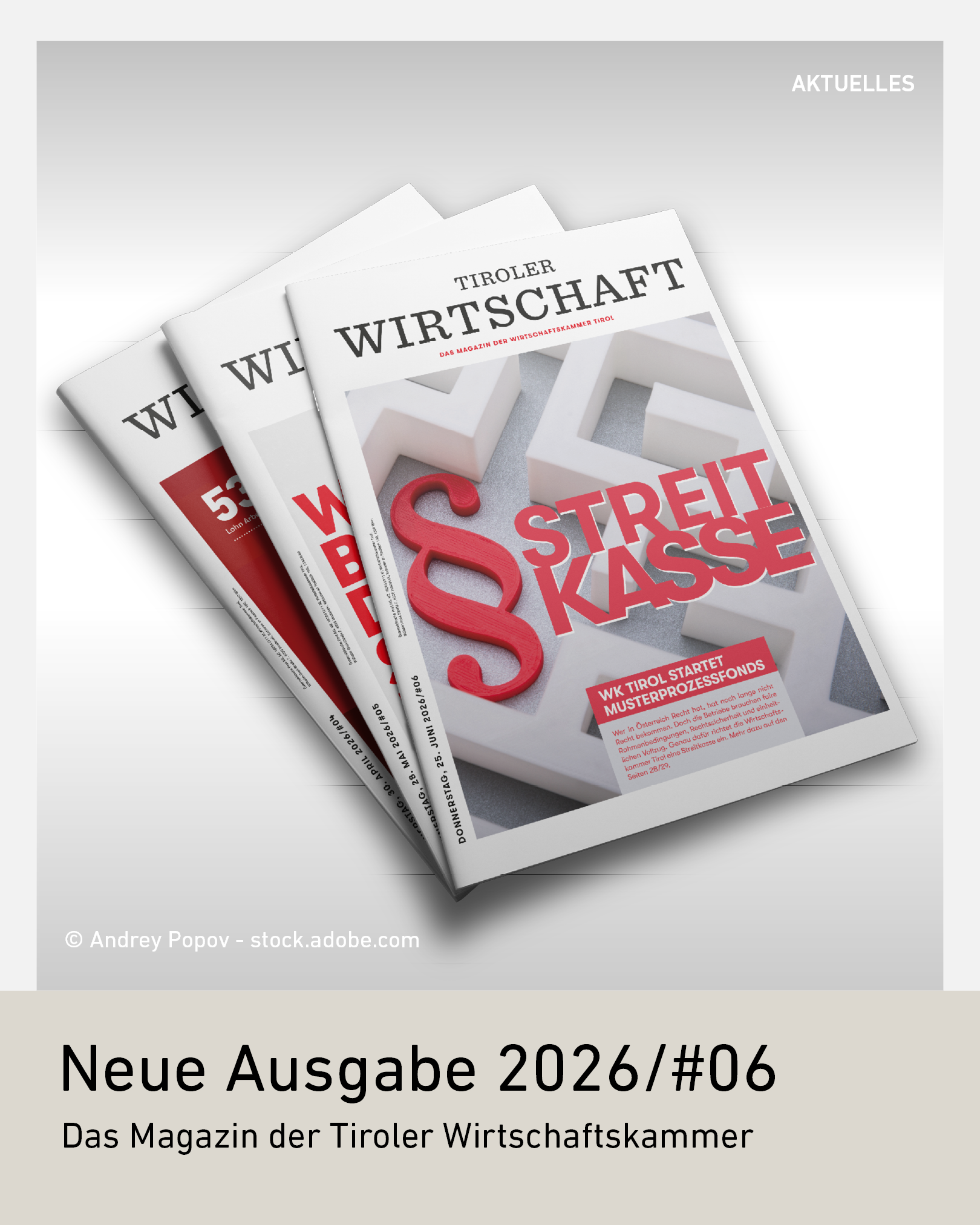 Das Titelbild der Zeitschrift "Tiroler Wirtschaft" zeigt drei Exemplare der aktuellen Ausgabe auf wei&szlig;em Hintergrund.