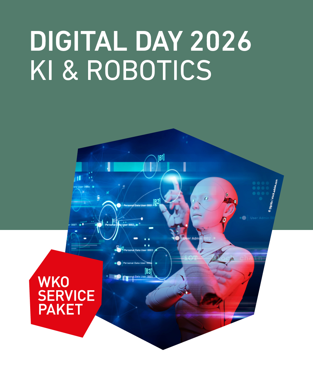 Ein Roboter interagiert mit digitalen Informationen auf einem futuristischen Bildschirm.