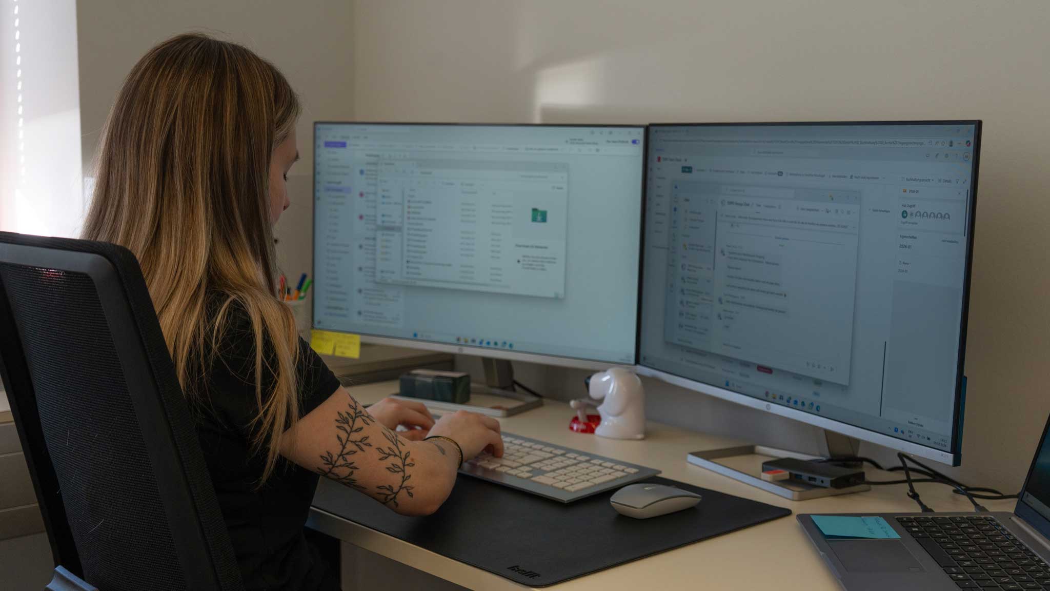 Eine Dame sitzt an einem Schreibtisch vor ihrem Computer, man sieht sie von hinten.