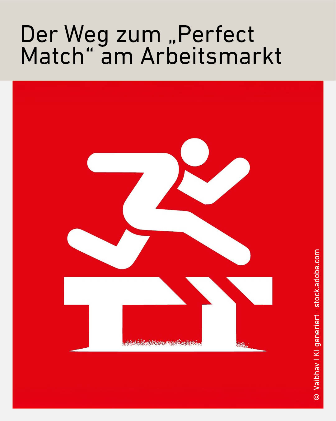 Illustration zum Thema Arbeitsmarkt und Recruiting: Person springt &uuml;ber H&uuml;rde als Symbol f&uuml;r Karriere, Bewerbung, Jobwechsel und &bdquo;Perfect Match&ldquo; zwischen Unternehmen und Fachkr&auml;ften.