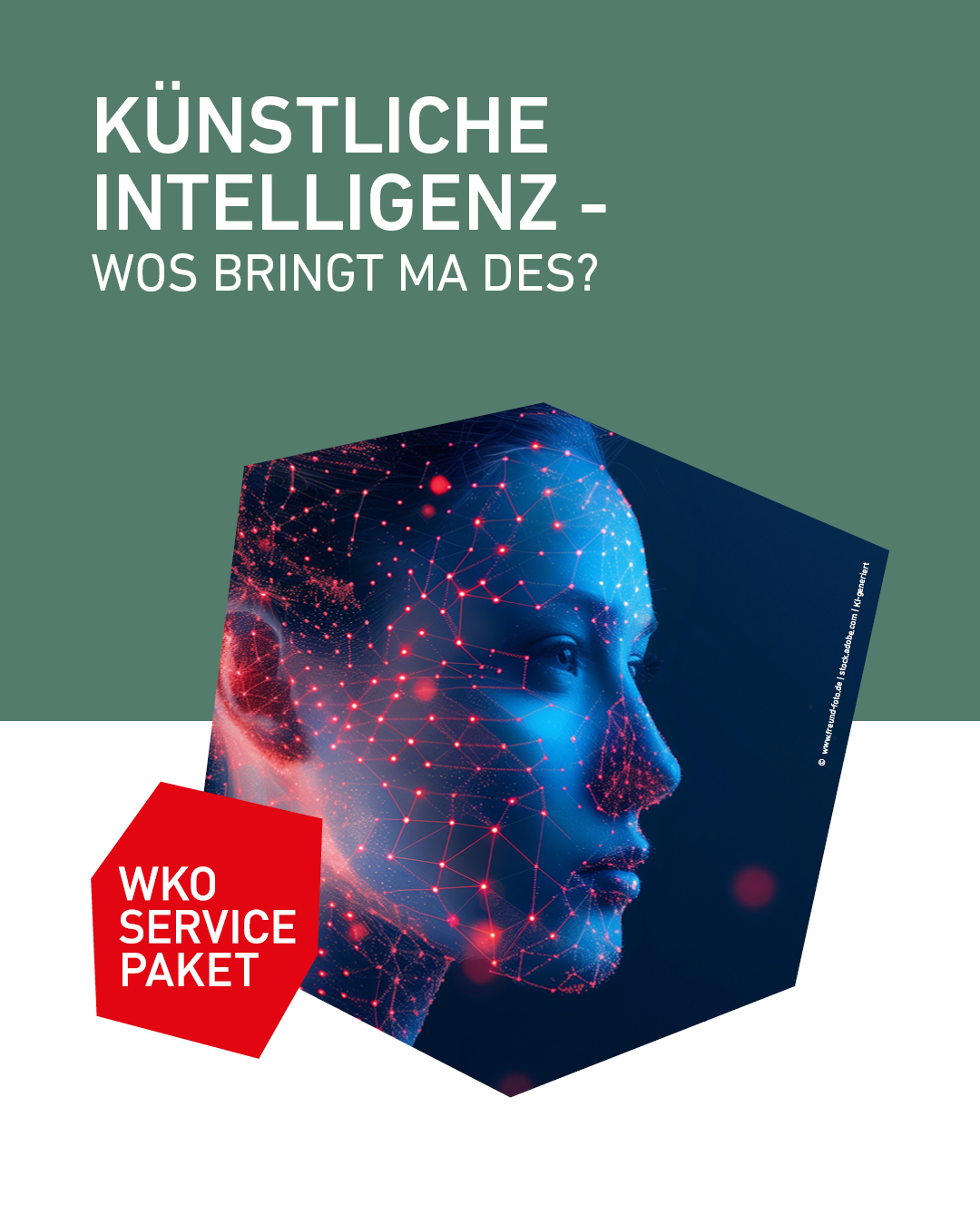 Das Bild zeigt das stilisierte 3D-Gesicht einer Person, das durch ein Netzwerk von Verbindungen und leuchtenden Punkten dargestellt wird.