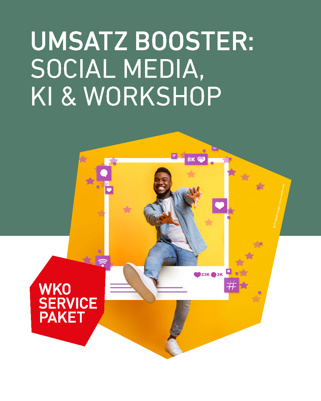 Umsatz Booster: Social Media, KI & Workshop“ mit einer dynamischen Darstellung einer Person in einem farbigen Social-Media-Frame, Icons für Likes und Reichweite sowie modernem Design in Gelb und Grün