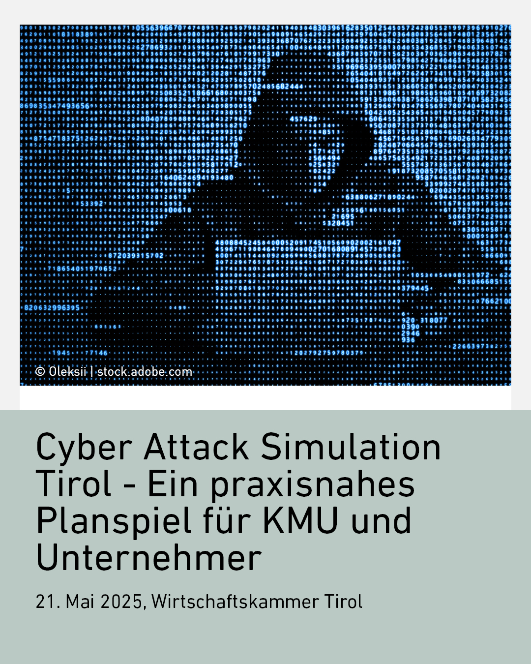 Cyber Attack Simulation Tirol: Visual zeigt digitale Zahlen und Datenstr&ouml;me als Symbol f&uuml;r Cyberangriffe und IT-Sicherheit. Hinweis auf ein praxisnahes Planspiel der Wirtschaftskammer Tirol f&uuml;r KMU und Unternehmer zur Vorbereitung auf Cyberangriffe und Krisensituationen.