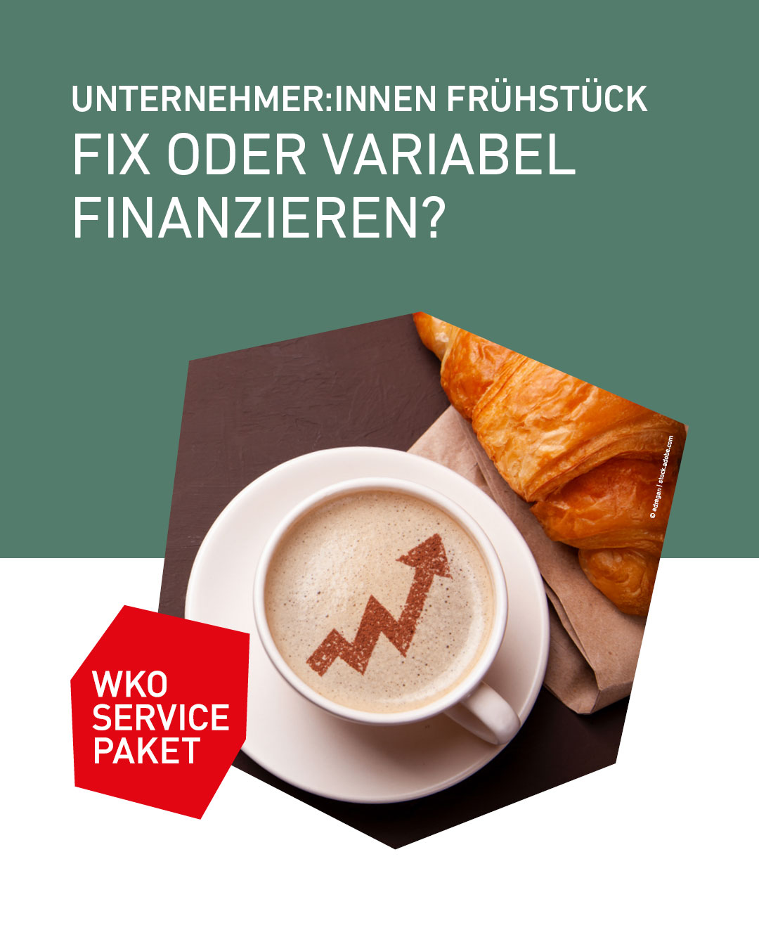Ein Kaffee und ein Croissant werden auf einem gr&uuml;nen Hintergrund pr&auml;sentiert, zusammen mit einem Symbol f&uuml;r variable Finanzierung.