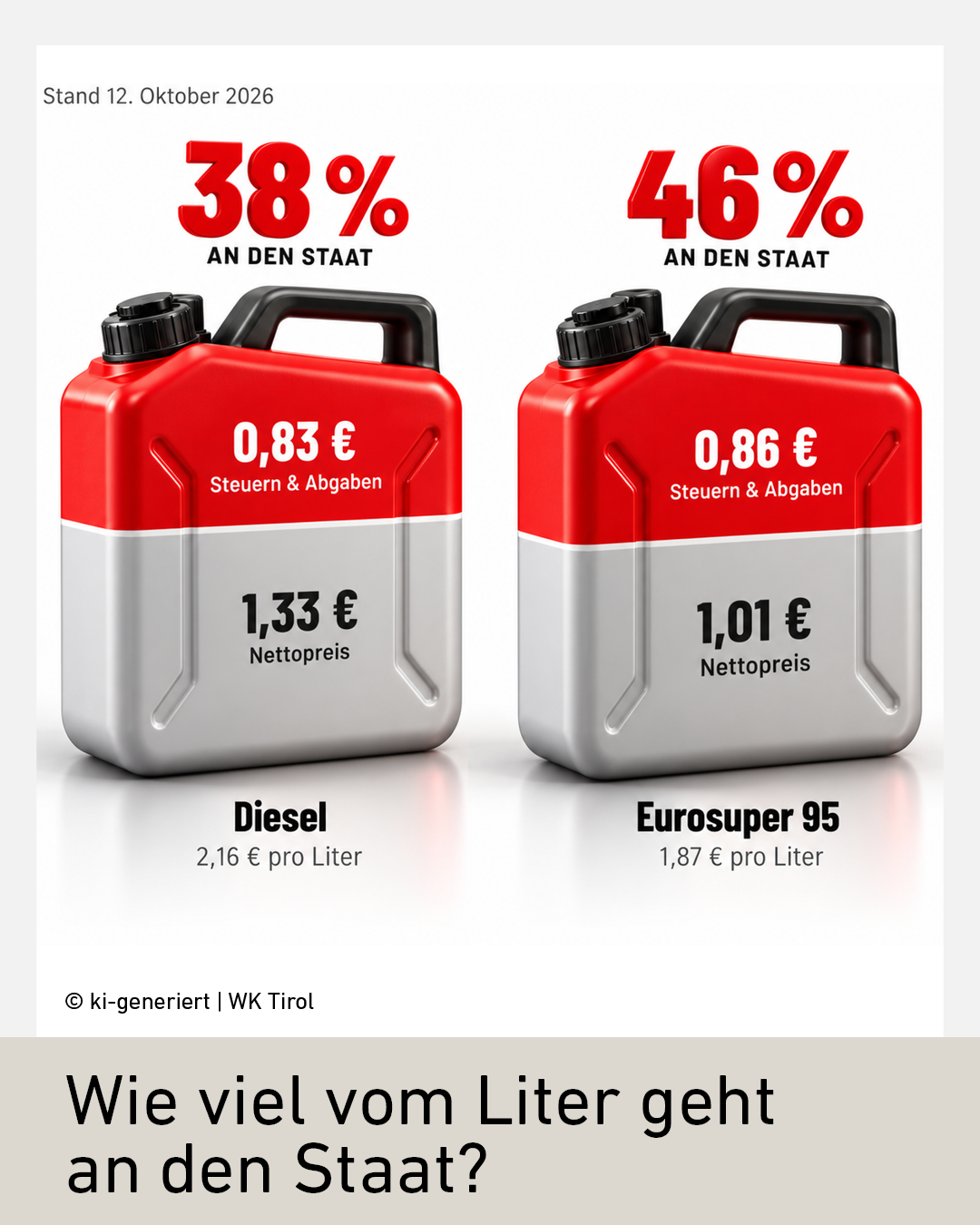 Infografik der WK Tirol zu Spritpreisen und Steuern: Bei Diesel gehen 38 Prozent, bei Eurosuper 95 gehen 46 Prozent des Literpreises an den Staat.