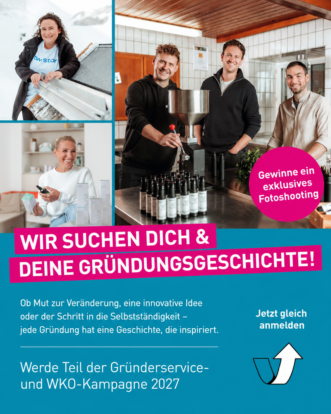 Gr&uuml;nder:innen aus Tirol bei der Arbeit in ihren Unternehmen. Das Gr&uuml;nderservice der Wirtschaftskammer Tirol sucht inspirierende Gr&uuml;ndungsgeschichten f&uuml;r die WKO-Kampagne 2027. Zu gewinnen gibt es ein professionelles Fotoshooting und die Chance, Cover-Testimonial zu werden.