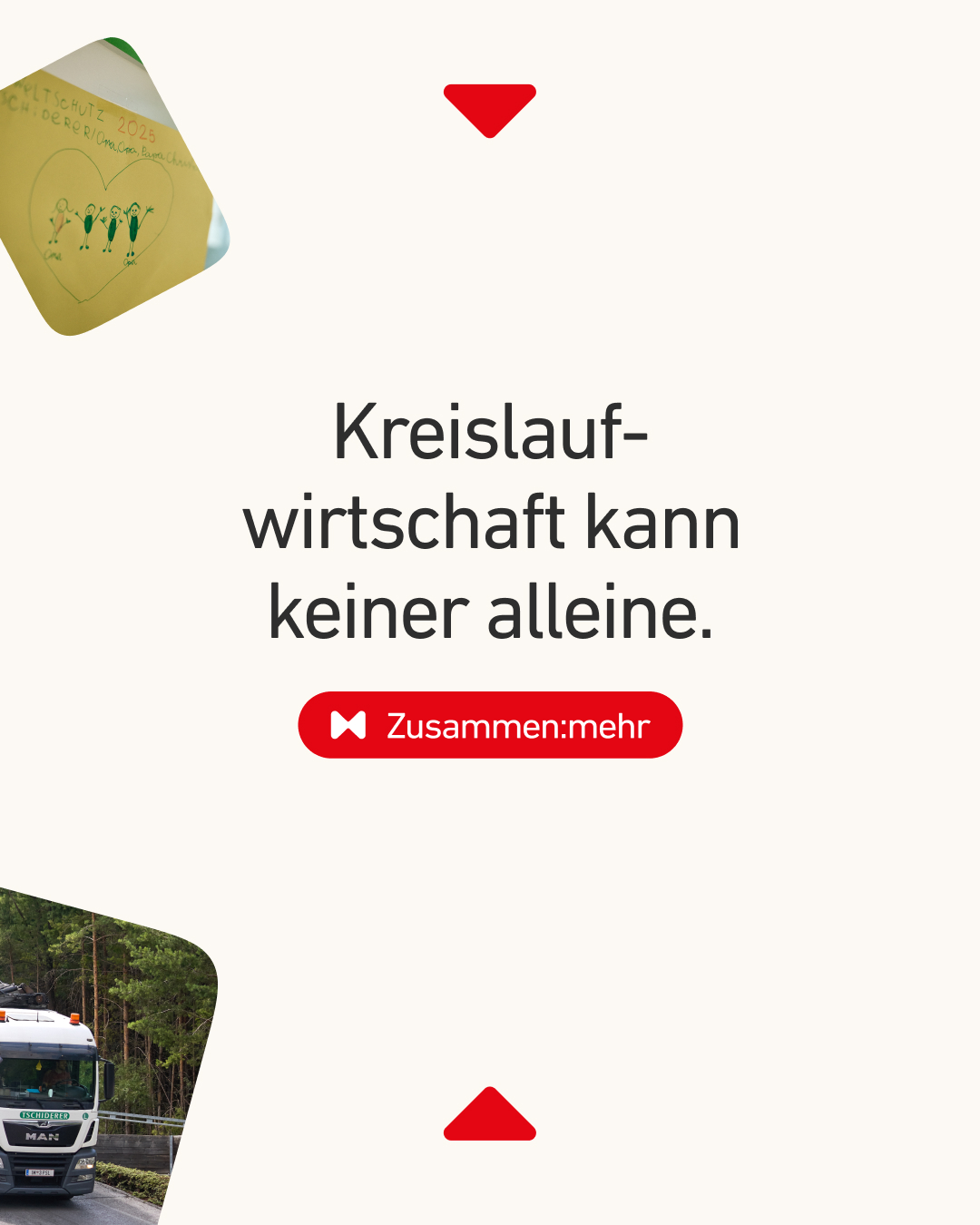 Grafik der Wirtschaftskammer Tirol zur Initiative Zusammen:mehr mit dem Slogan &bdquo;Kreislaufwirtschaft kann keiner alleine&ldquo;, Motiven aus Tirol und Fokus auf Kreislaufwirtschaft, Nachhaltigkeit und regionale Wertsch&ouml;pfung.