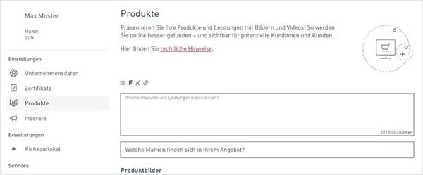 Screenshot der Eingabemaske f&uuml;r Produkte und Leistungen