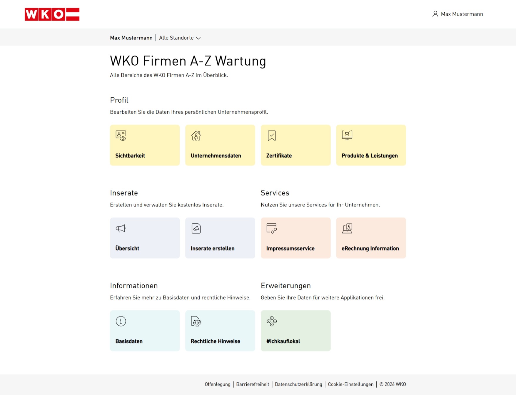 Screenshot der Einstiegsseite für die Daten-Wartung im WKO Firmen A-Z