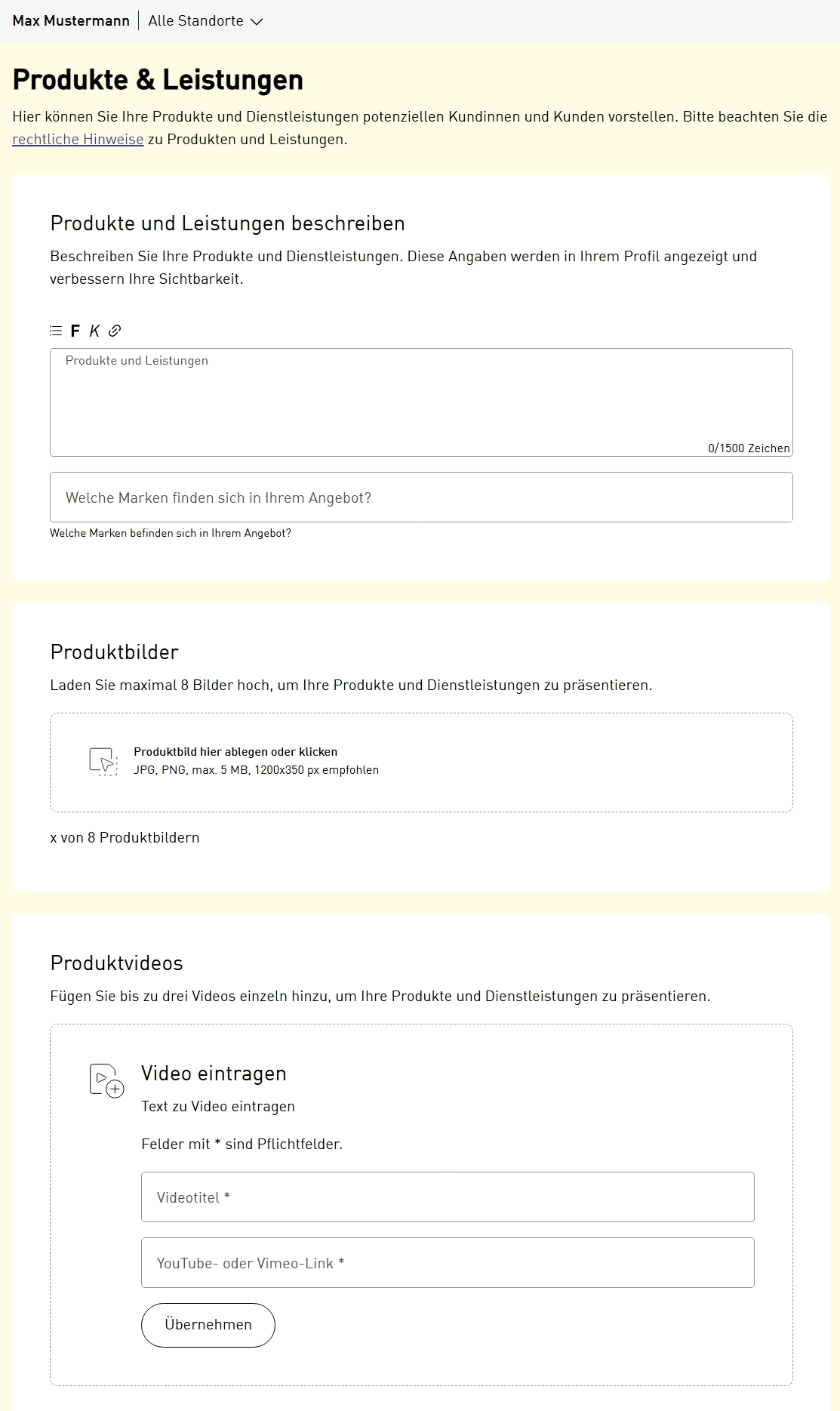 Screenshot der Eingabemaske für Produkte und Leistungen