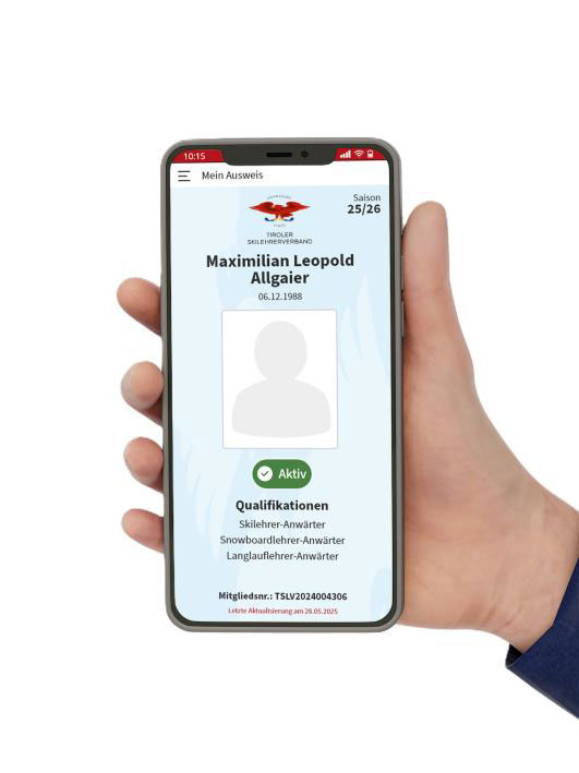 Smartphone, auf dem man den digitalen Skilehrerausweis sieht