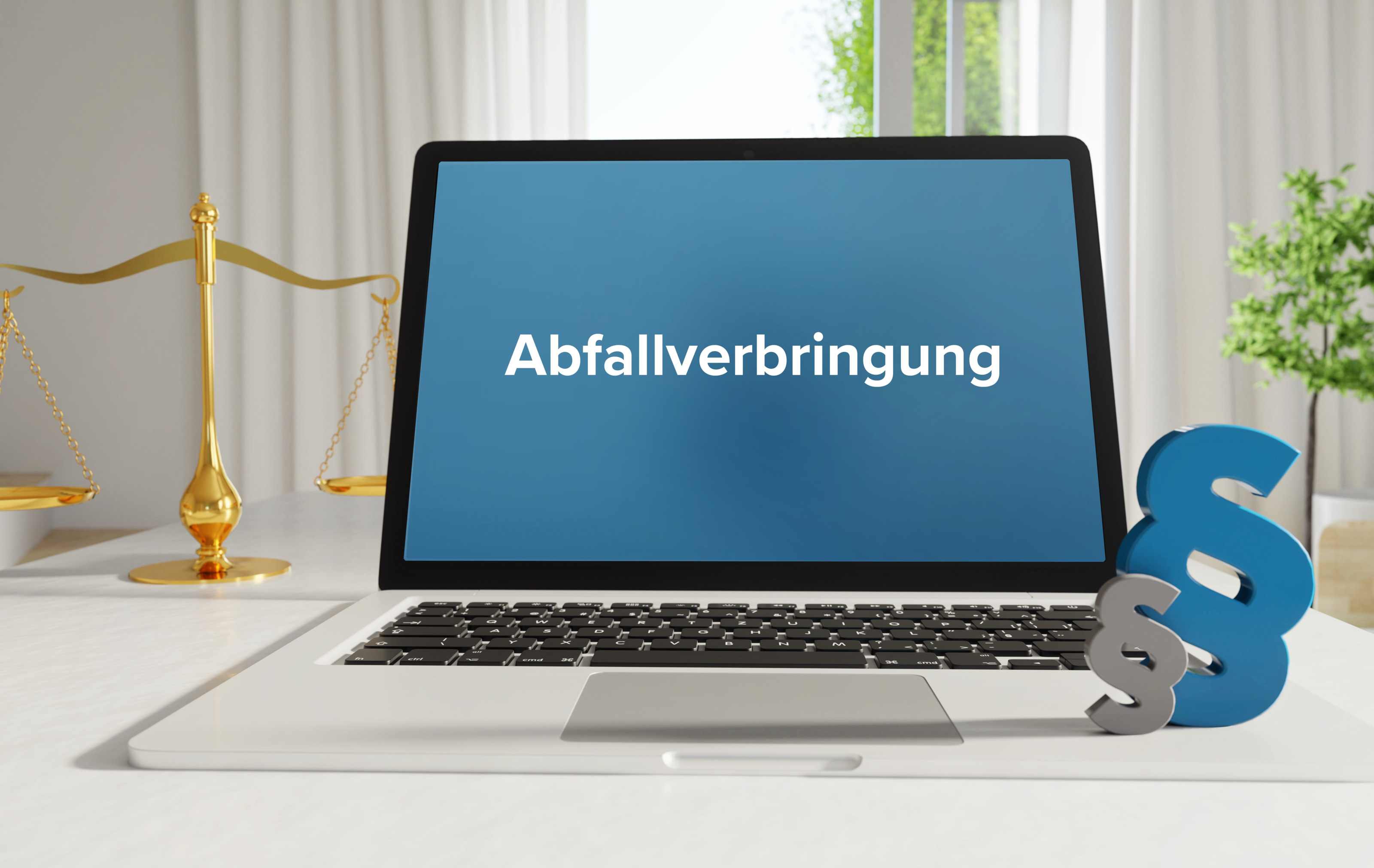 Aufgeklappter Laptop auf Tisch stehend mit wei&szlig;em Schriftzug Abfallverbringung auf blauem Hintergrund, links goldene Waage, im Vordergrund rechts blaues und graues Paragrafenzeichen
