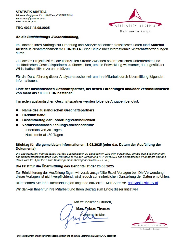 Auszug aus der Phishing Mail. Im Text steht, dass Statistik Austria und EUROSTAT eine gemeinsame Erhebung durchf&uuml;hren. Daf&uuml;r h&auml;tten sie gerne eine Liste der ausl&auml;ndischen Gesch&auml;ftspartner, bei denen Forderungen &uuml;ber 10.000&euro; bestehen.
