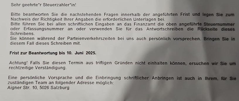 Screenshot eines vermeintlichen Schreibens des Finanzamts 