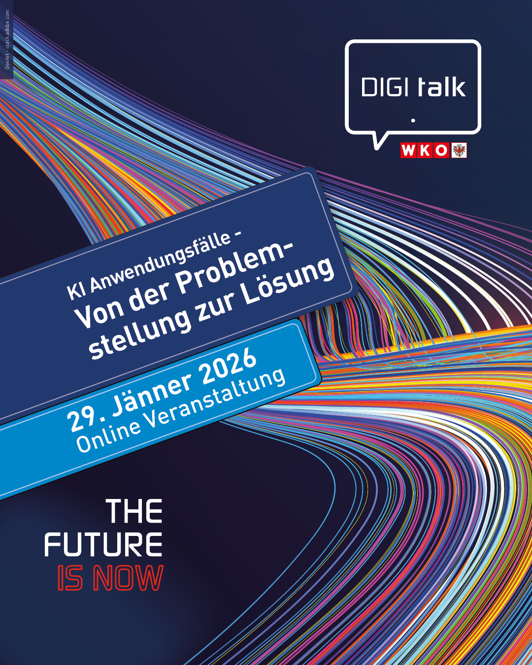 Digitale Wellenlinien, die sich &uuml;ber das Display ziehen, mit dem Text "DIGI talk WKO" und einem Smartphone im Vordergrund, auf dem "KI Anwendungsf&auml;lle - Von der Problemstellung zur L&ouml;sung 29. J&auml;nner 2026 Online Veranstaltung" steht.