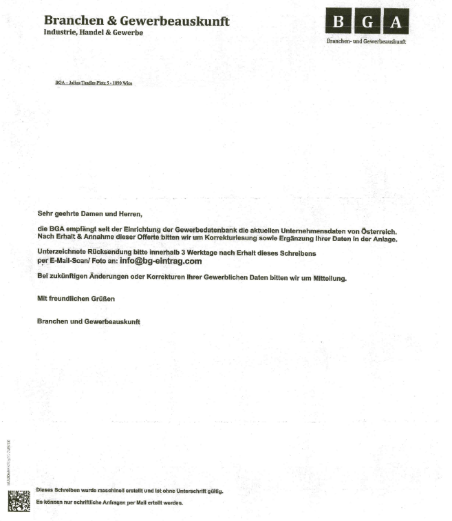 Muster des Betrugsbriefes. Ausf&uuml;hrliche Informationen befinden sich oberhalb