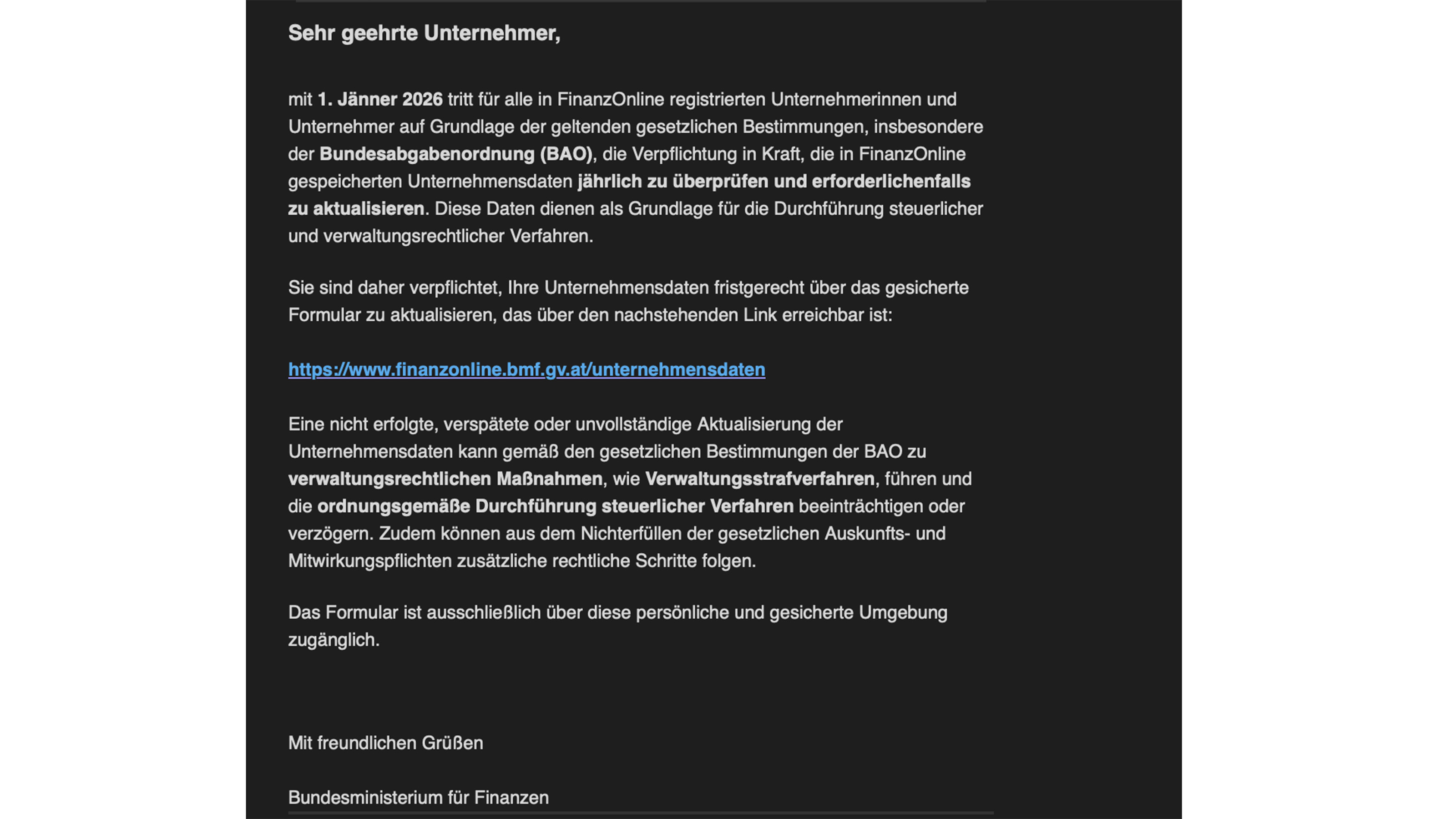 Screenshot der betr&uuml;gerischen E-Mail im Namen von FinanzOnline