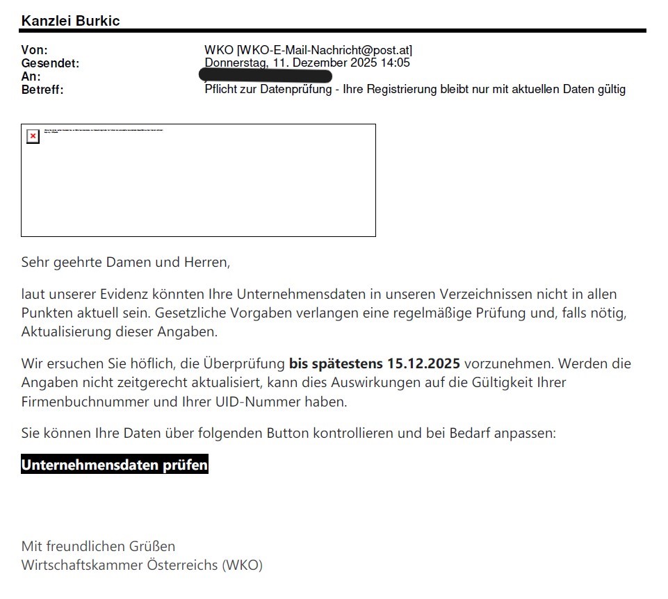 Muster der Phishing-Mail, alle Infos befinden sich oberhalb