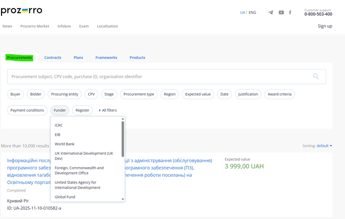 Screenshot wie man aktuelle Ausschreibungen auf ProZorro findet